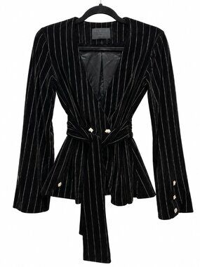 Philipp Plein Striped Belted V-Neck Velvet Blouse Black S